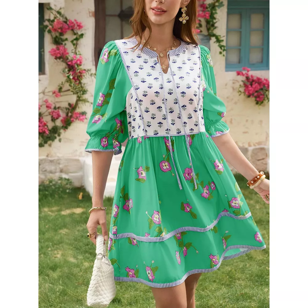 🌷Women's Casual Floral Puff Short Sleeve Tie Front V Neck Patchwork Loose Boho Shirt Dresses