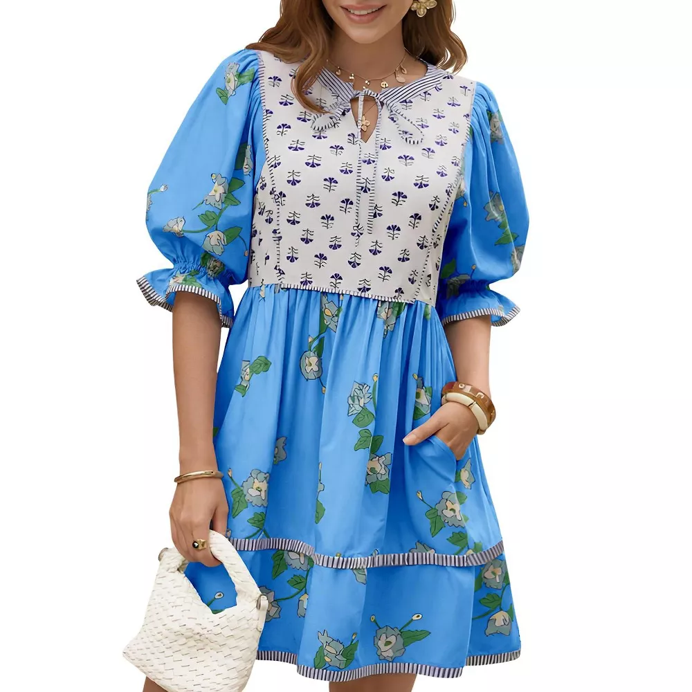 🌷Women's Casual Floral Puff Short Sleeve Tie Front V Neck Patchwork Loose Boho Shirt Dresses