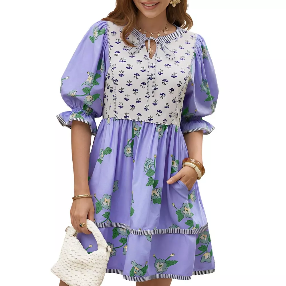 🌷Women's Casual Floral Puff Short Sleeve Tie Front V Neck Patchwork Loose Boho Shirt Dresses