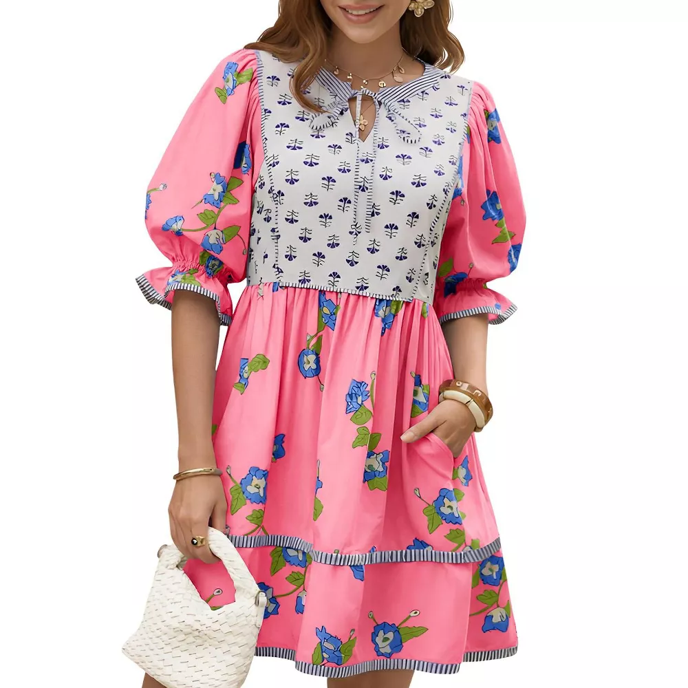 🌷Women's Casual Floral Puff Short Sleeve Tie Front V Neck Patchwork Loose Boho Shirt Dresses
