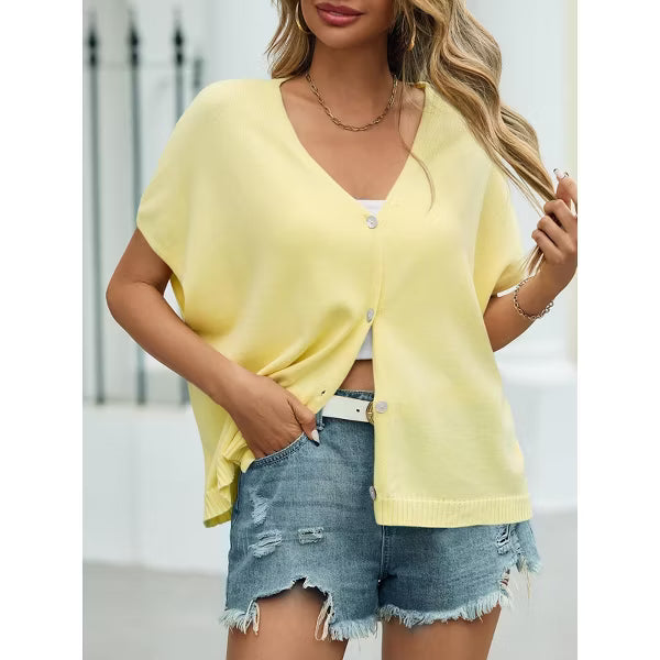 Womens Spring Oversized Cardigans Short Sleeve Lightweight Button Casual Knit Sweater Tops