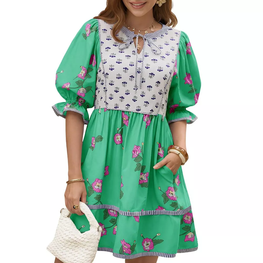 🌷Women's Casual Floral Puff Short Sleeve Tie Front V Neck Patchwork Loose Boho Shirt Dresses