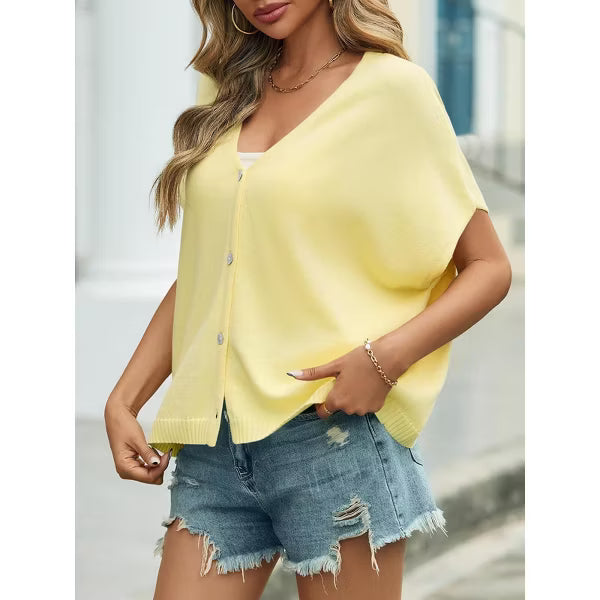 Womens Spring Oversized Cardigans Short Sleeve Lightweight Button Casual Knit Sweater Tops