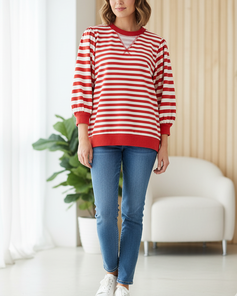 Women's Striped Puff Sleeve Sporty Round Neck Sweatshirt 