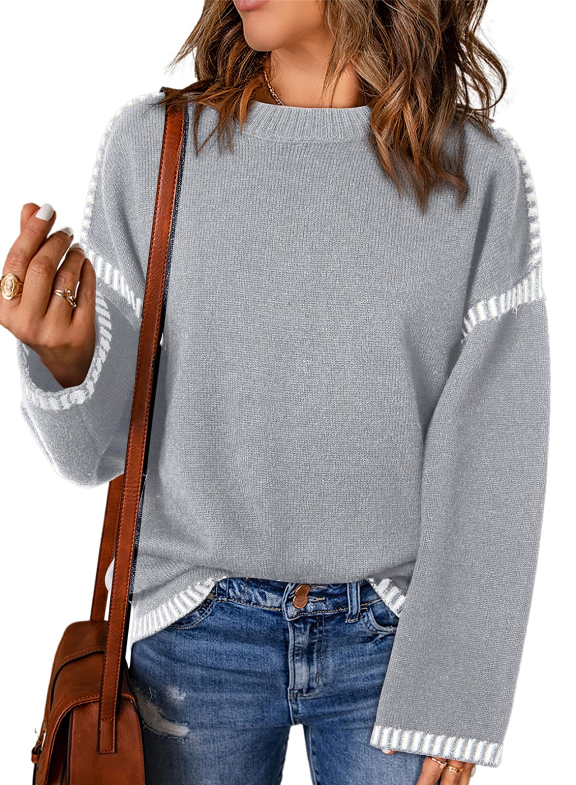 Women's Solid Crewneck Loose Fit Contrast Cable Knit Pullover Sweater