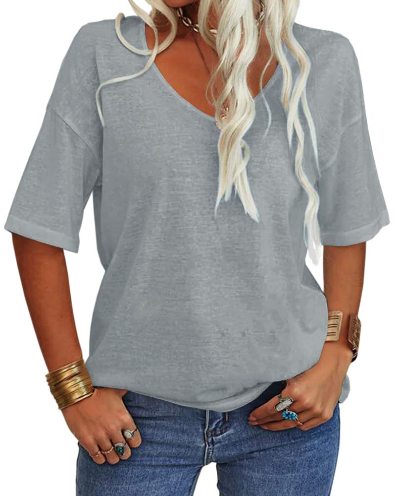 Women's Solid V-Neck Half Sleeves Oversized T Shirt