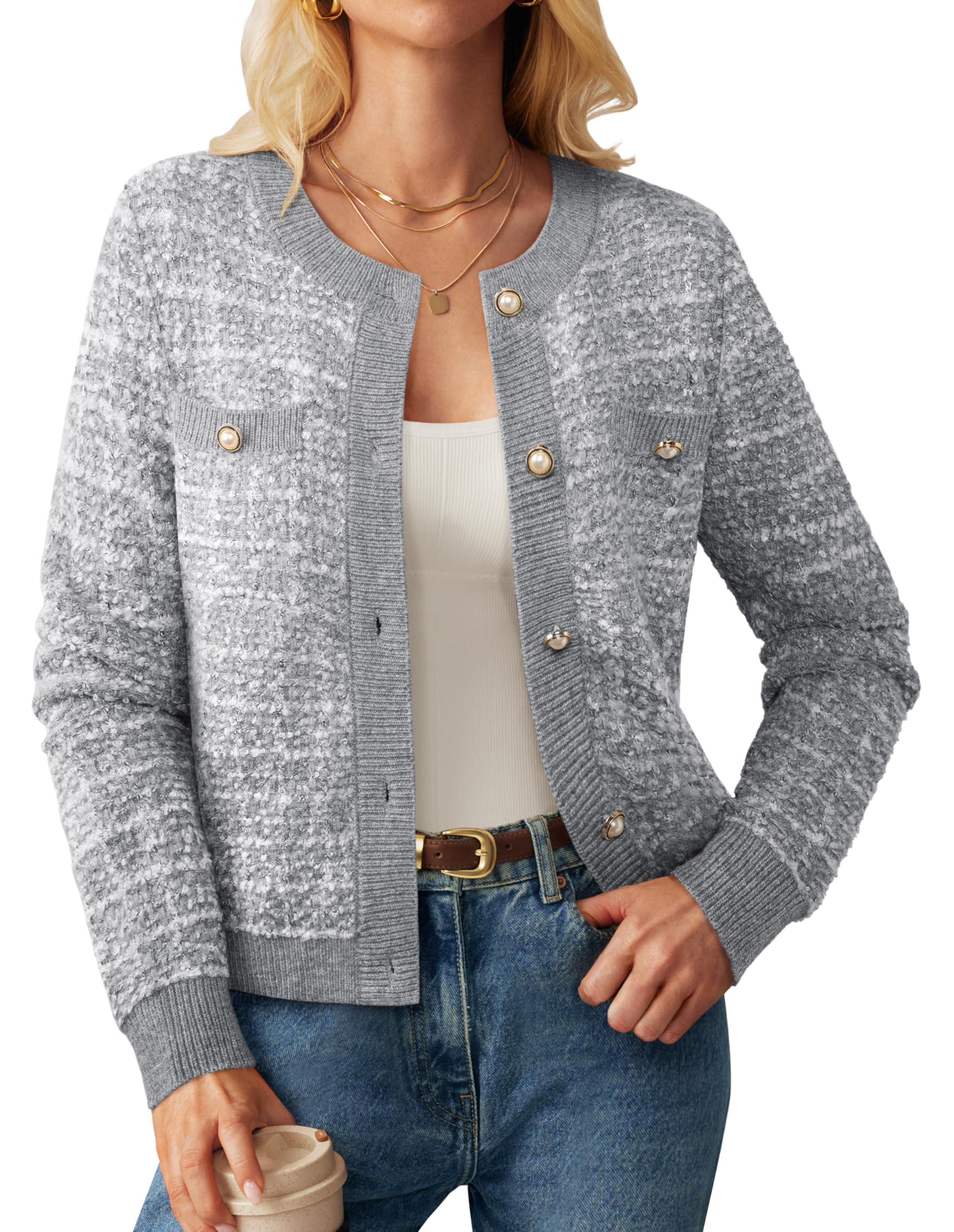 Womens Open Front Button Down Texture Knit Cardigan Sweaters with Pockets