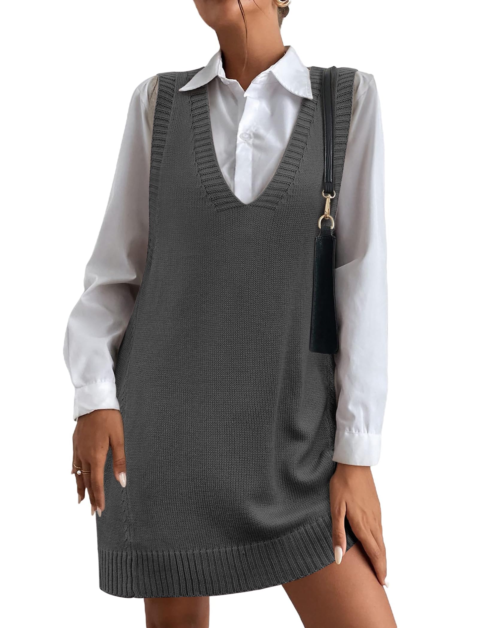 Women Oversized V Neck Sleeveless Knit Pullover Ribbed Vest Dress with Pockets
