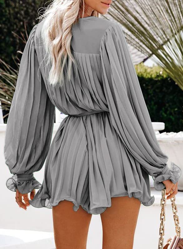 Womens Summer Rompers-Buttons V Neck Tie Waist Flared Pleated Drape Long Sleeve