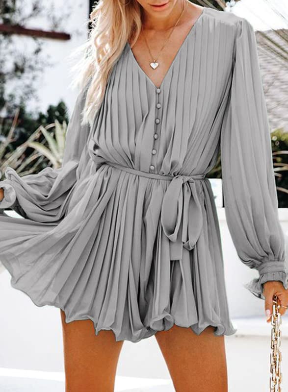 Womens Summer Rompers-Buttons V Neck Tie Waist Flared Pleated Drape Long Sleeve