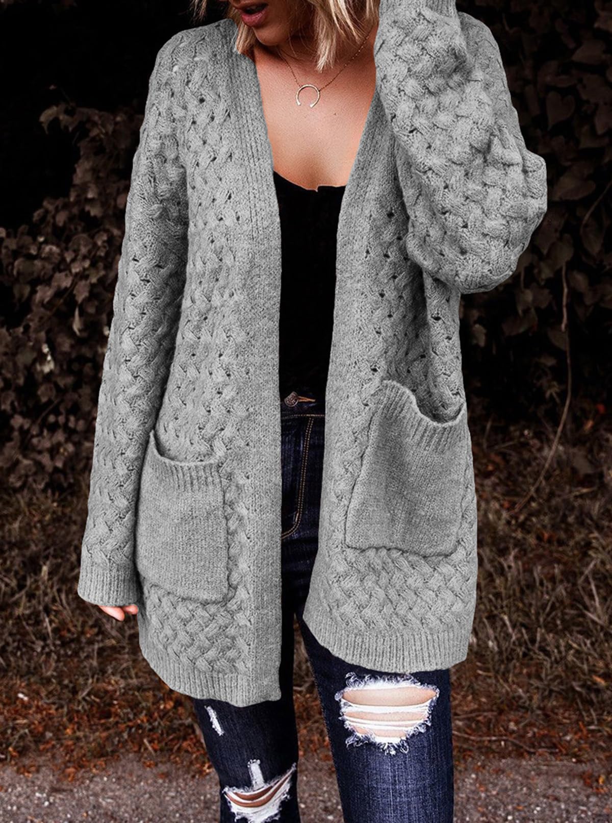 Women's Casual Open Front Long Sleeve Chunky Cable Knit Cardigans With Pockets