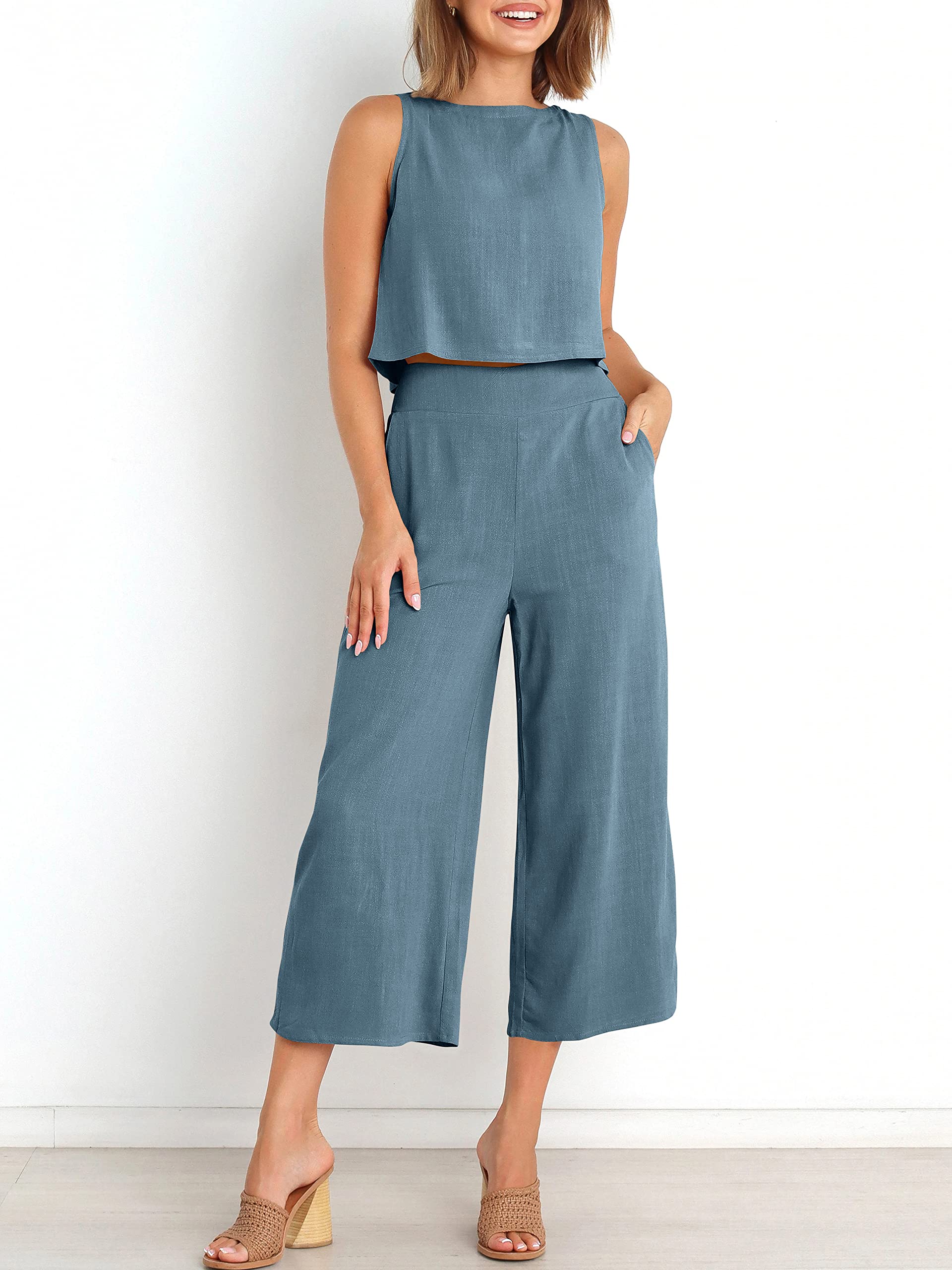 Sleeveless Tank Wide Leg Pants With Pockets-hivebabe.com