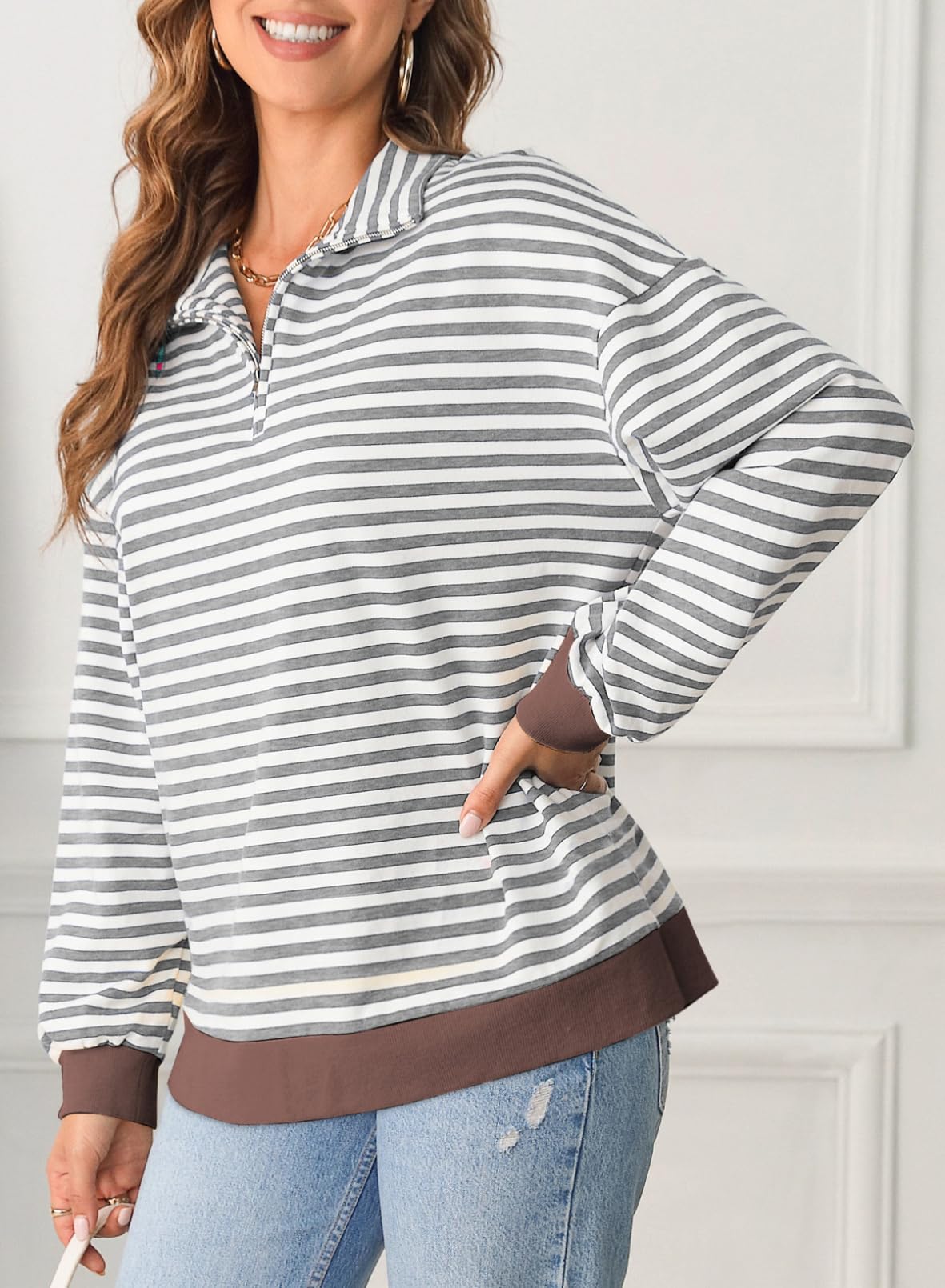 Women Casual Color Block Long Sleeve Shirts Quarter Zip Pullover