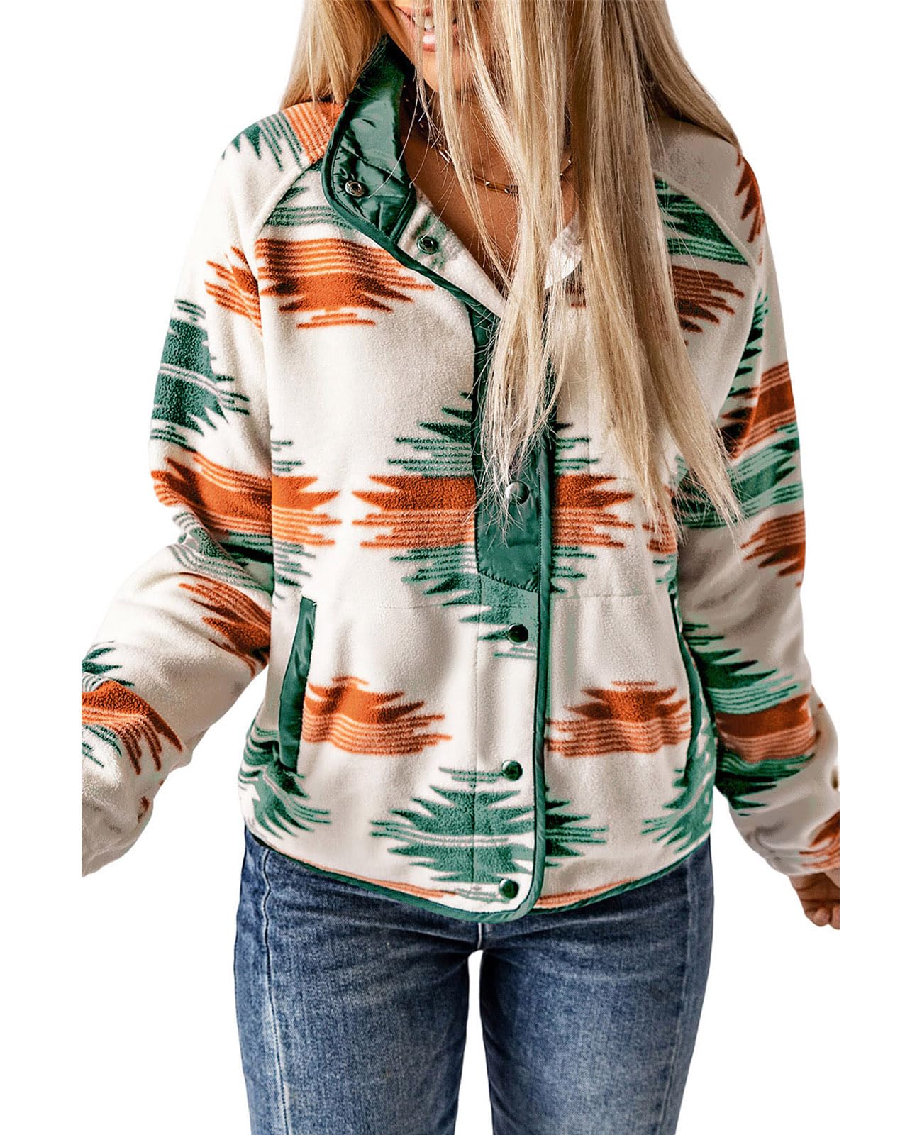 Women's Western Aztec Print Long Sleeve Snap Button Down Fleece Jackets with Pockets