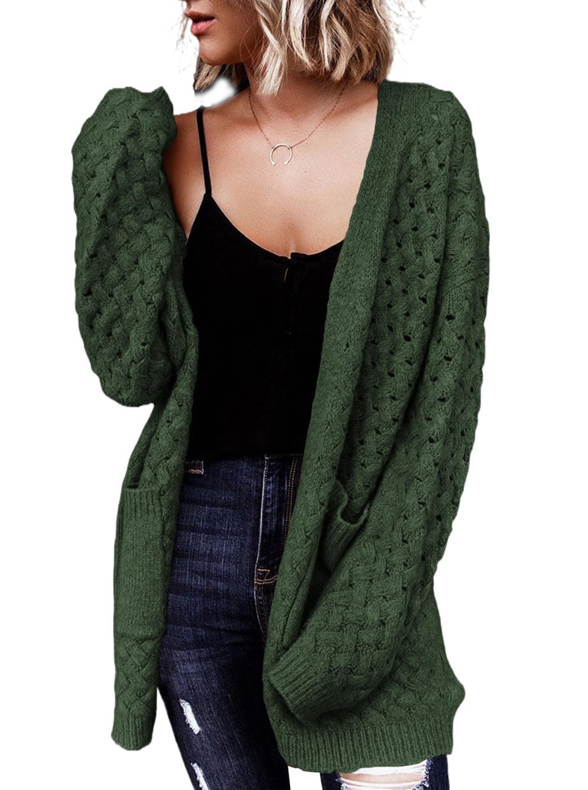 Women's Casual Open Front Long Sleeve Chunky Cable Knit Cardigans With Pockets
