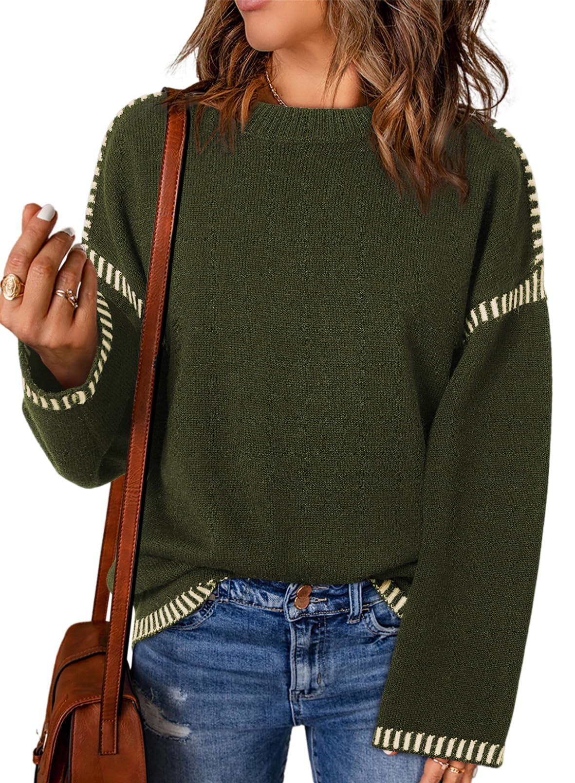 Women's Solid Crewneck Loose Fit Contrast Cable Knit Pullover Sweater