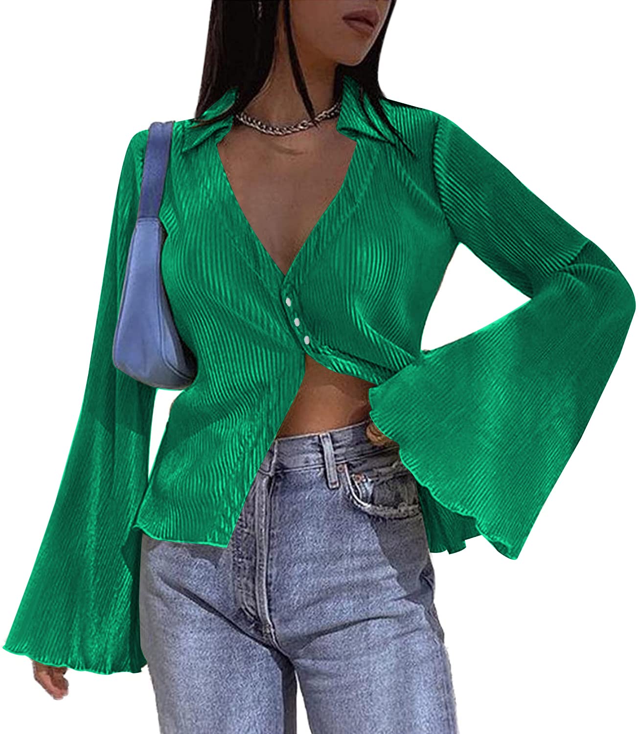 Women's Deep V Neck Shirt  Blouse Bell Long Sleeve Tops