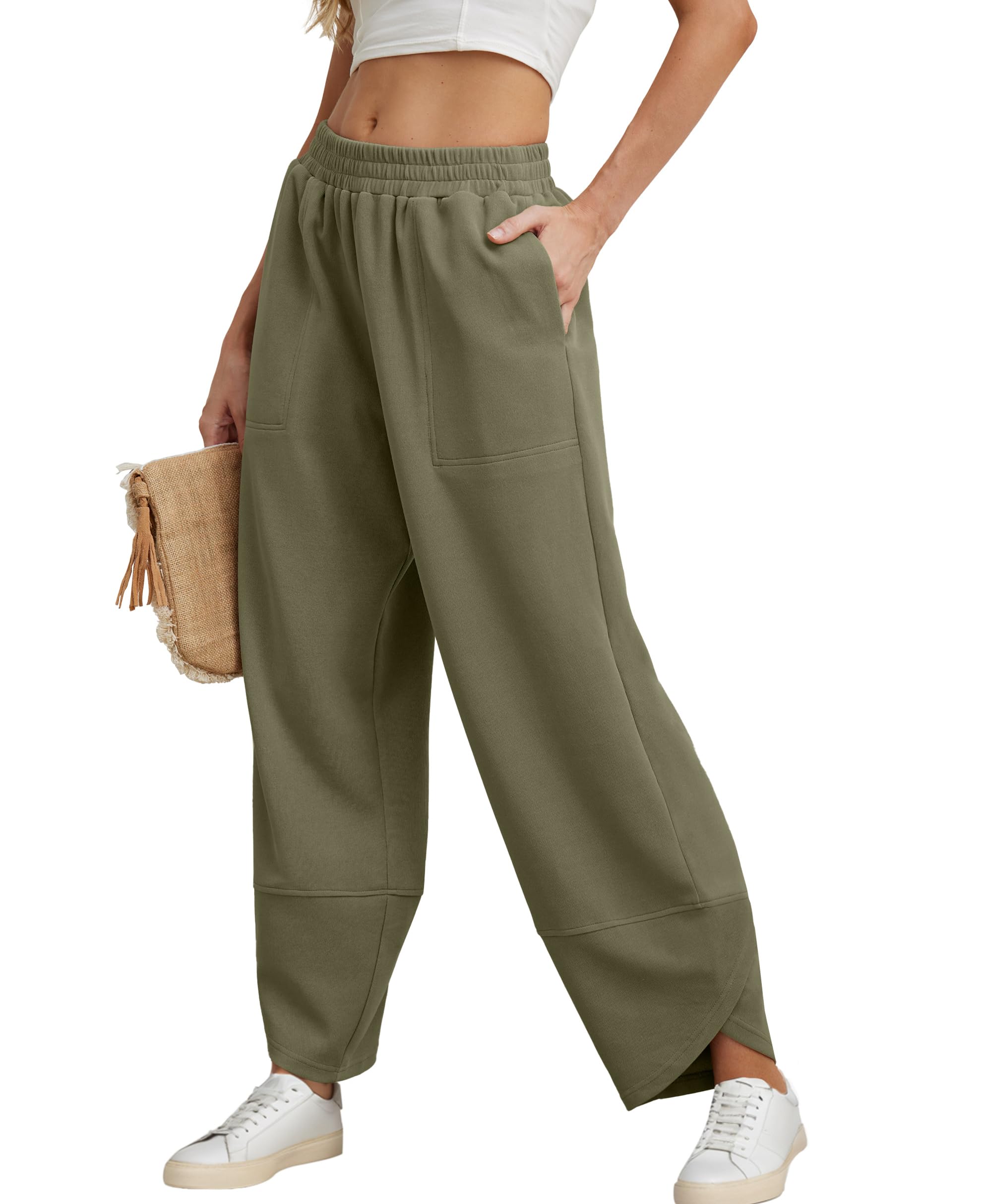 Women's Cotton Elastic Waisted Baggy Wide Leg Pants With Pockets