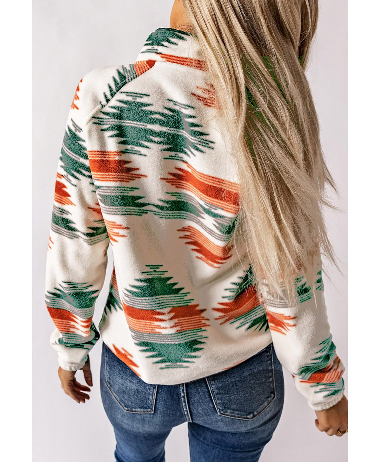 Women's Western Aztec Print Long Sleeve Snap Button Down Fleece Jackets with Pockets