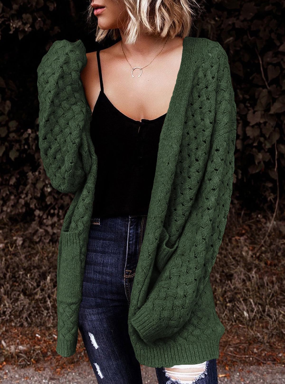 Women's Casual Open Front Long Sleeve Chunky Cable Knit Cardigans With Pockets