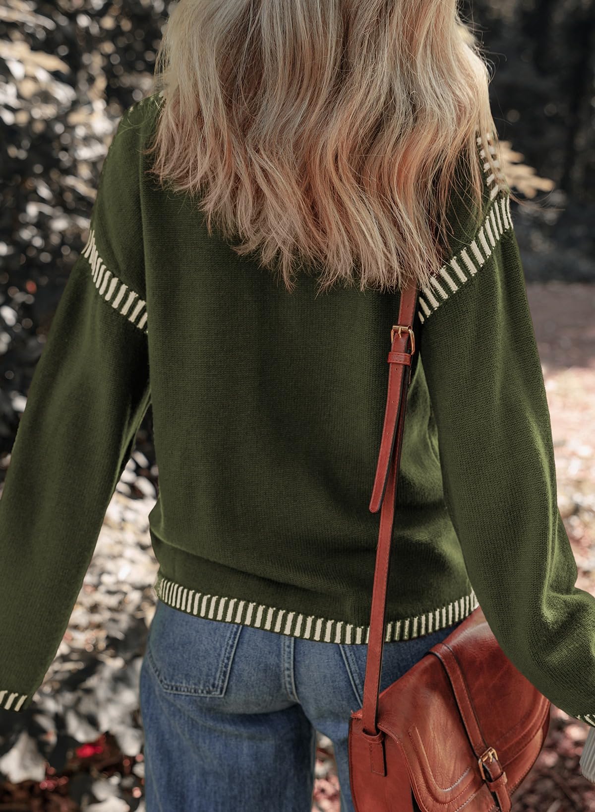 Women's Solid Crewneck Loose Fit Contrast Cable Knit Pullover Sweater