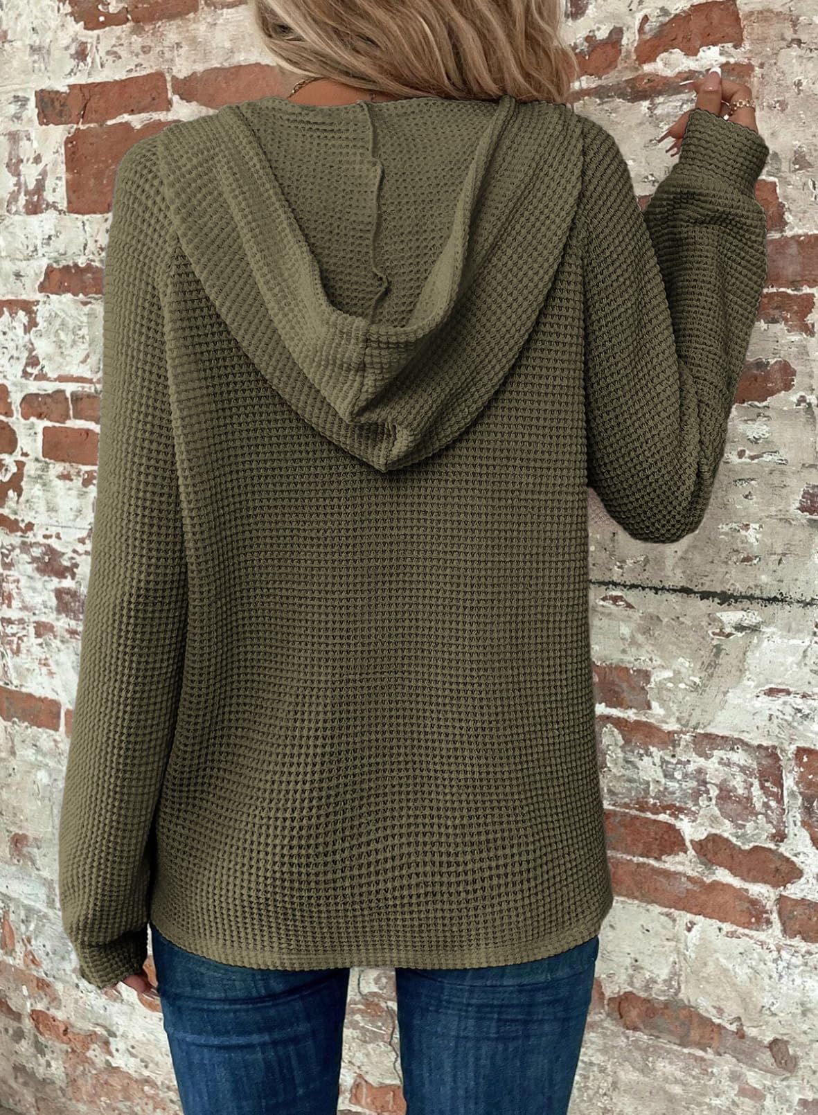 2024 New Women's Waffle Knit Drawstring Button V Neck Hooded Sweatshirt(buy 2 free shipping)