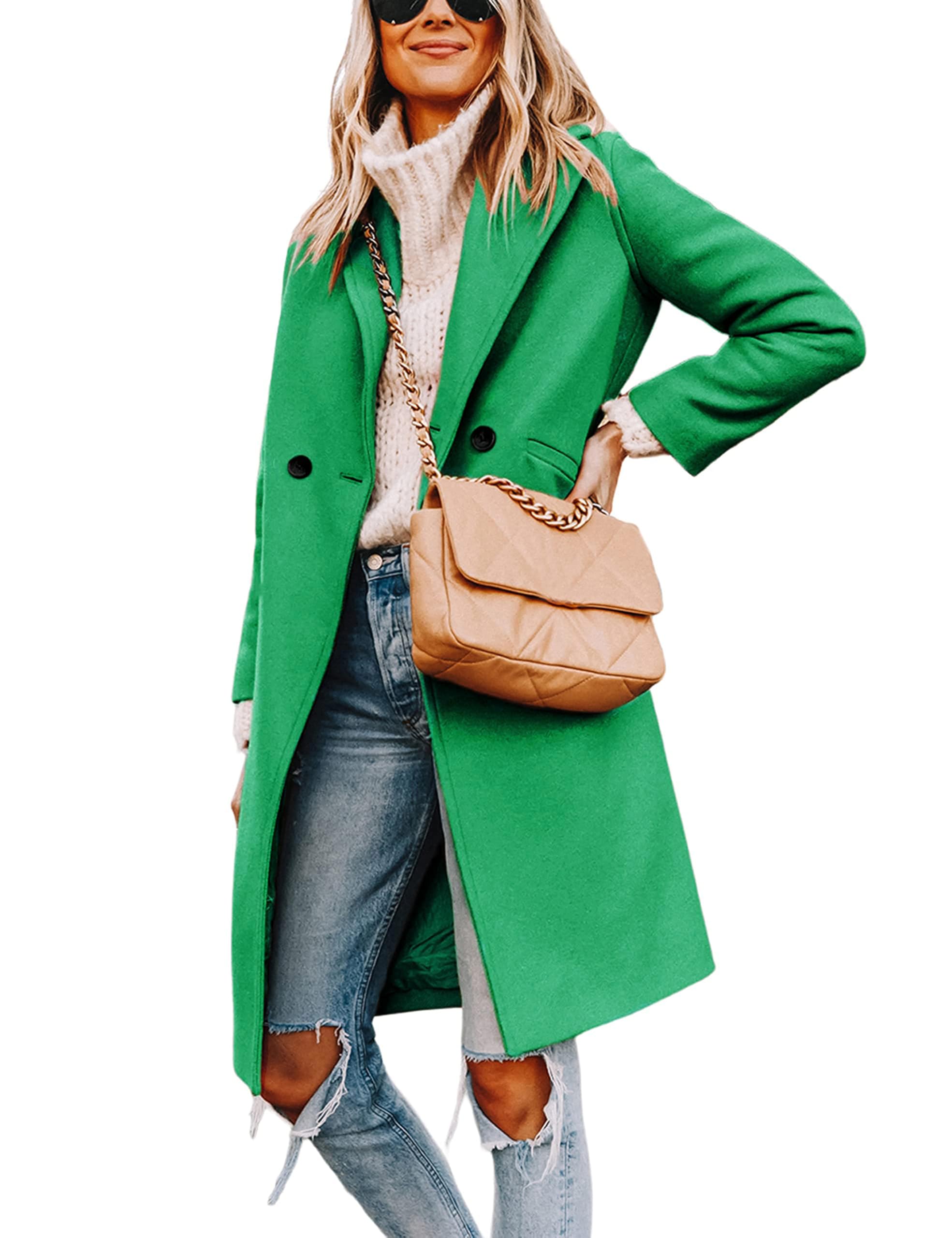 Women's Notch Lapel Double Breasted Wool Blend Mid Long Pea Trench Coat