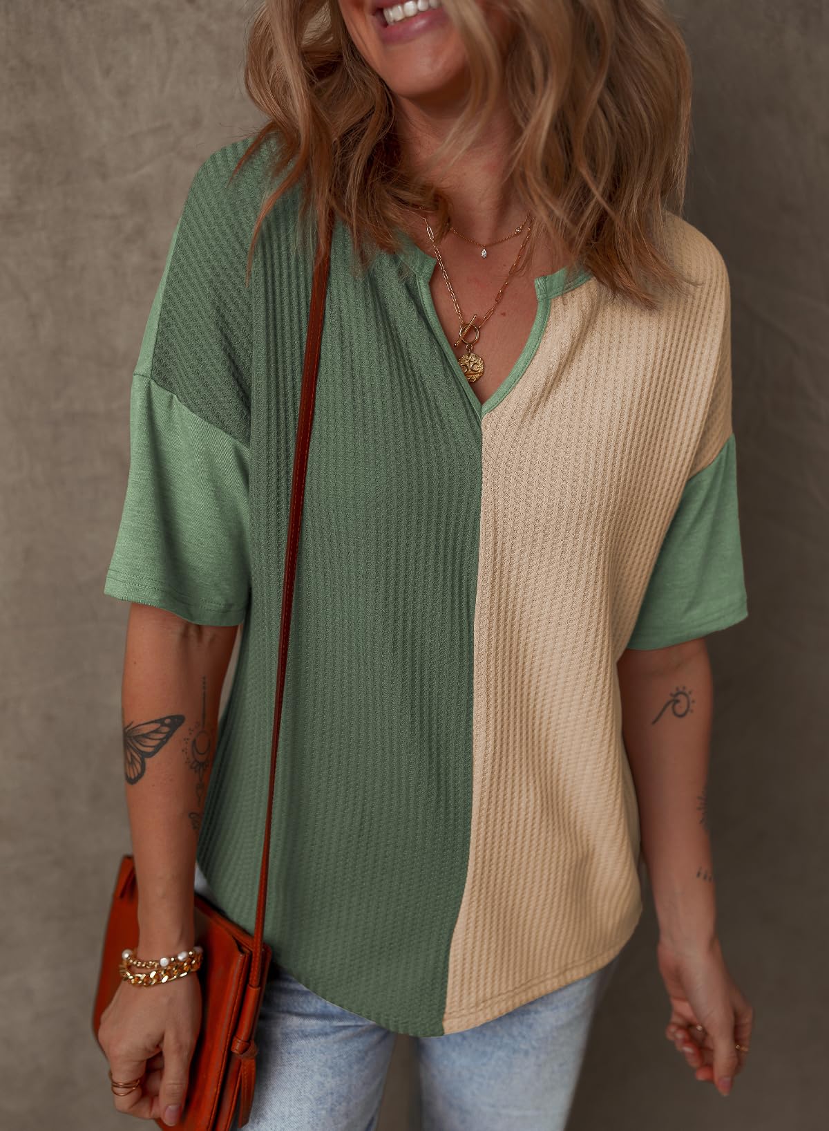 2025 New Women's Half Sleeve Waffle Knit Casual V Neck Colorblock Patchwork Shirts(buy 2 free shipping)