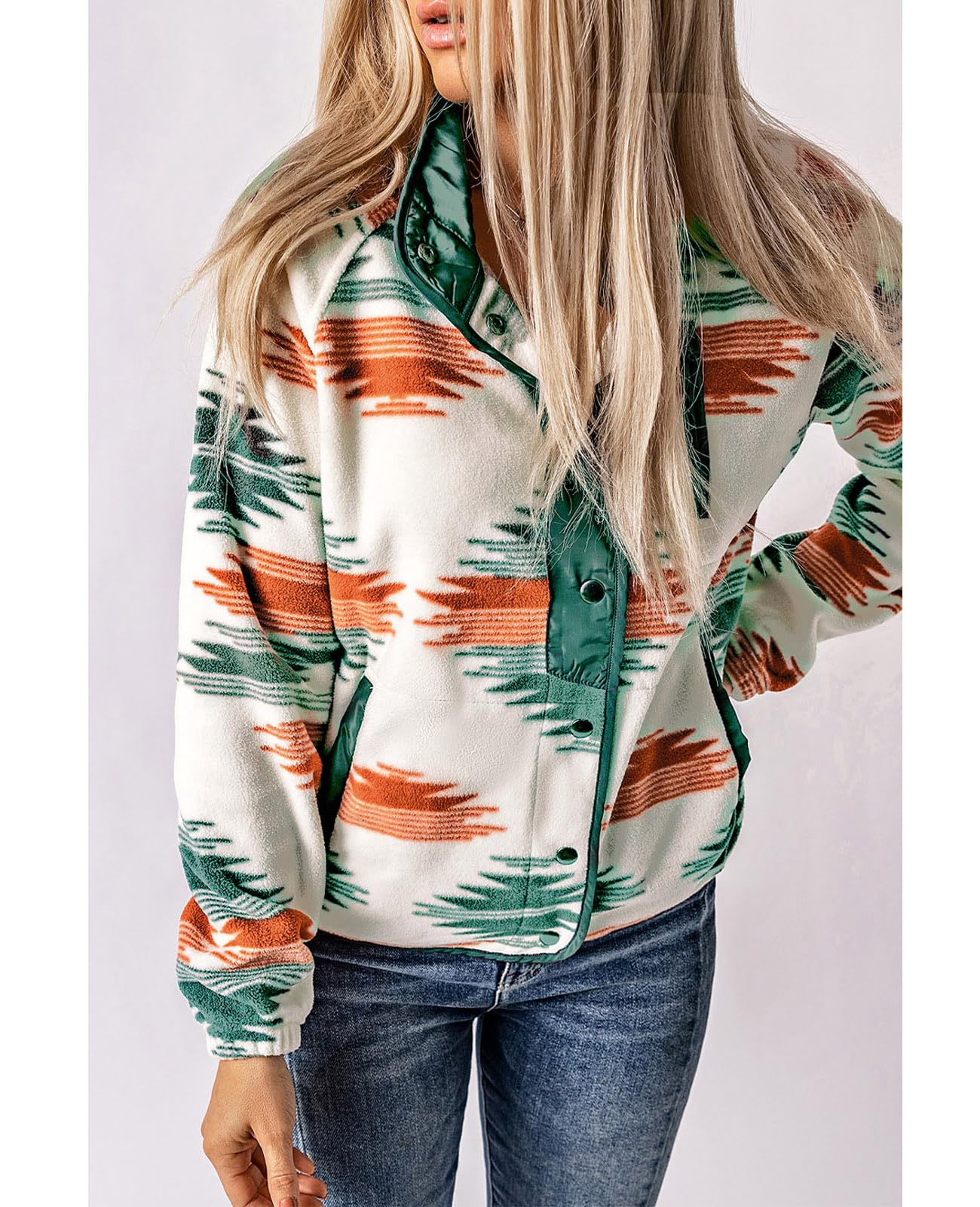 Women's Western Aztec Print Long Sleeve Snap Button Down Fleece Jackets with Pockets