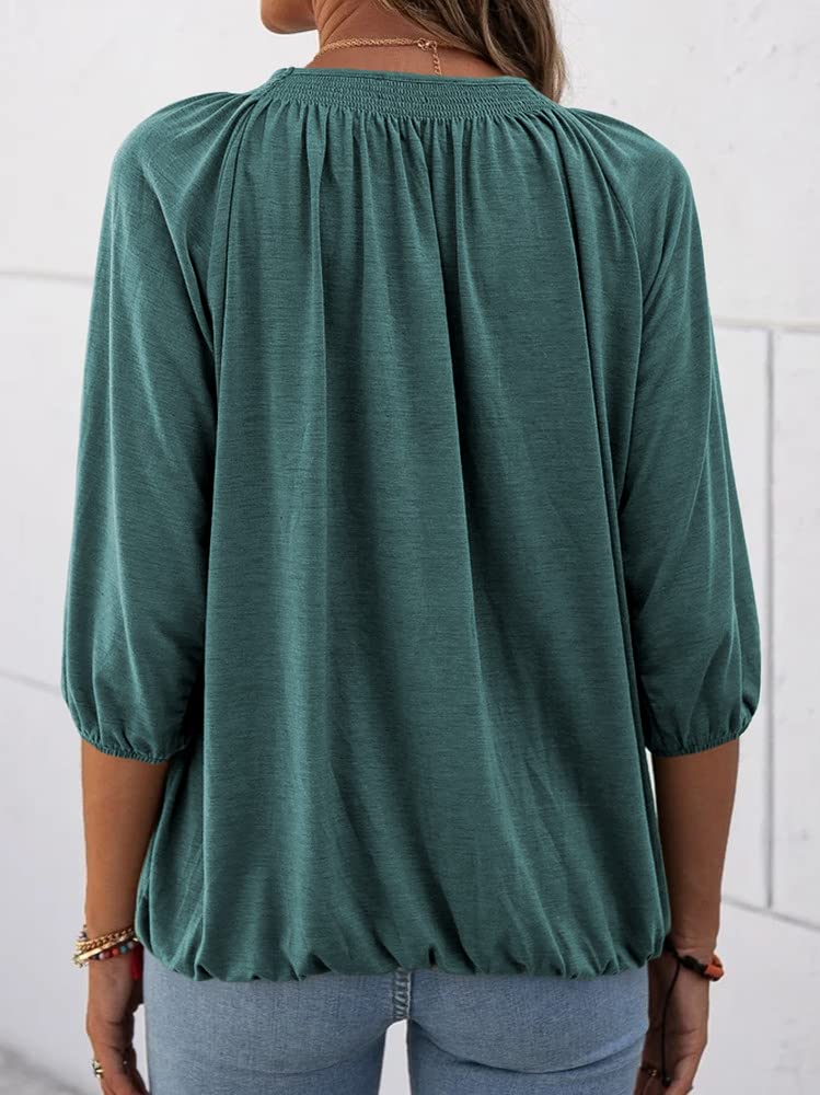 Women's Casual Cotton 3/4 Sleeve Loose Pleated Basic Tops
