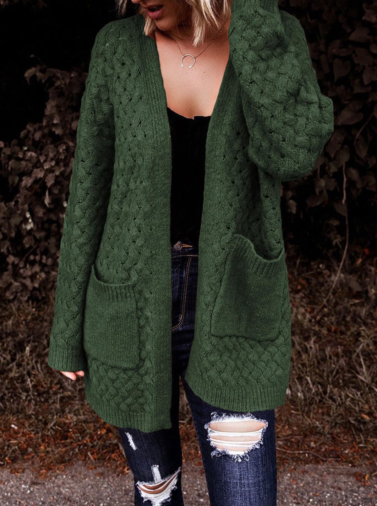 Women's Casual Open Front Long Sleeve Chunky Cable Knit Cardigans With Pockets