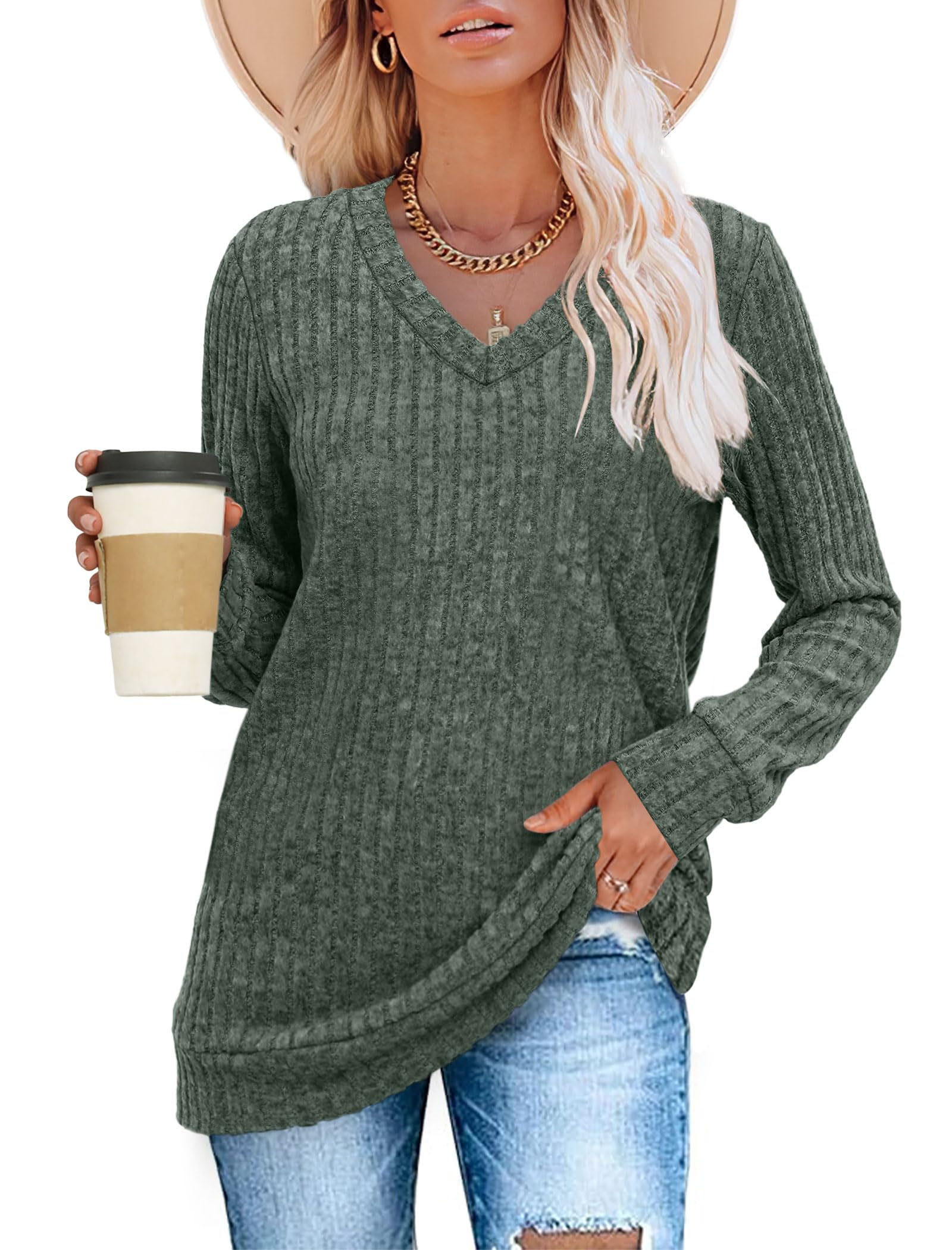 Women's Casual Fall V Neck Lightweight Tunic Sweaters 