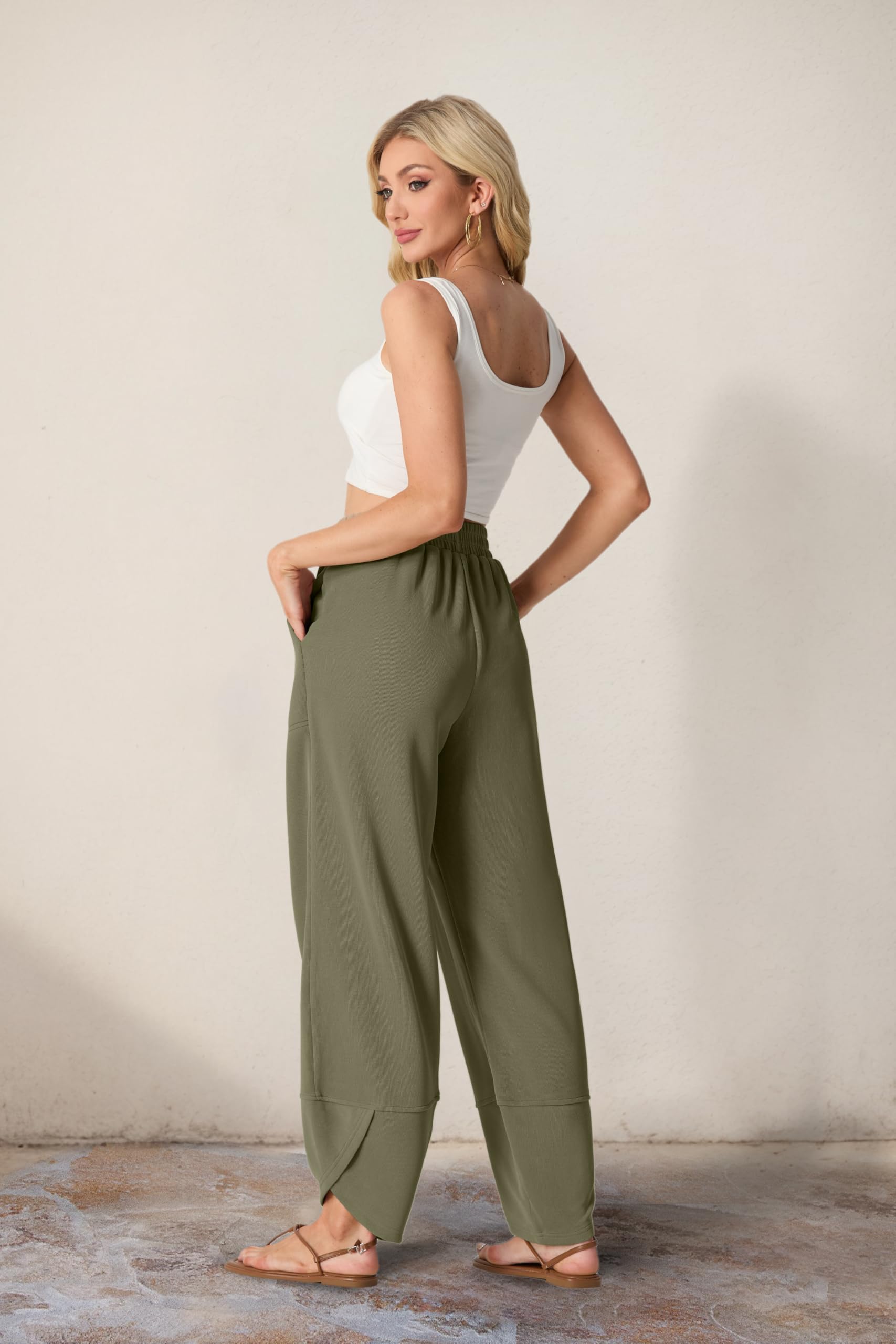 Women's Cotton Elastic Waisted Baggy Wide Leg Pants With Pockets