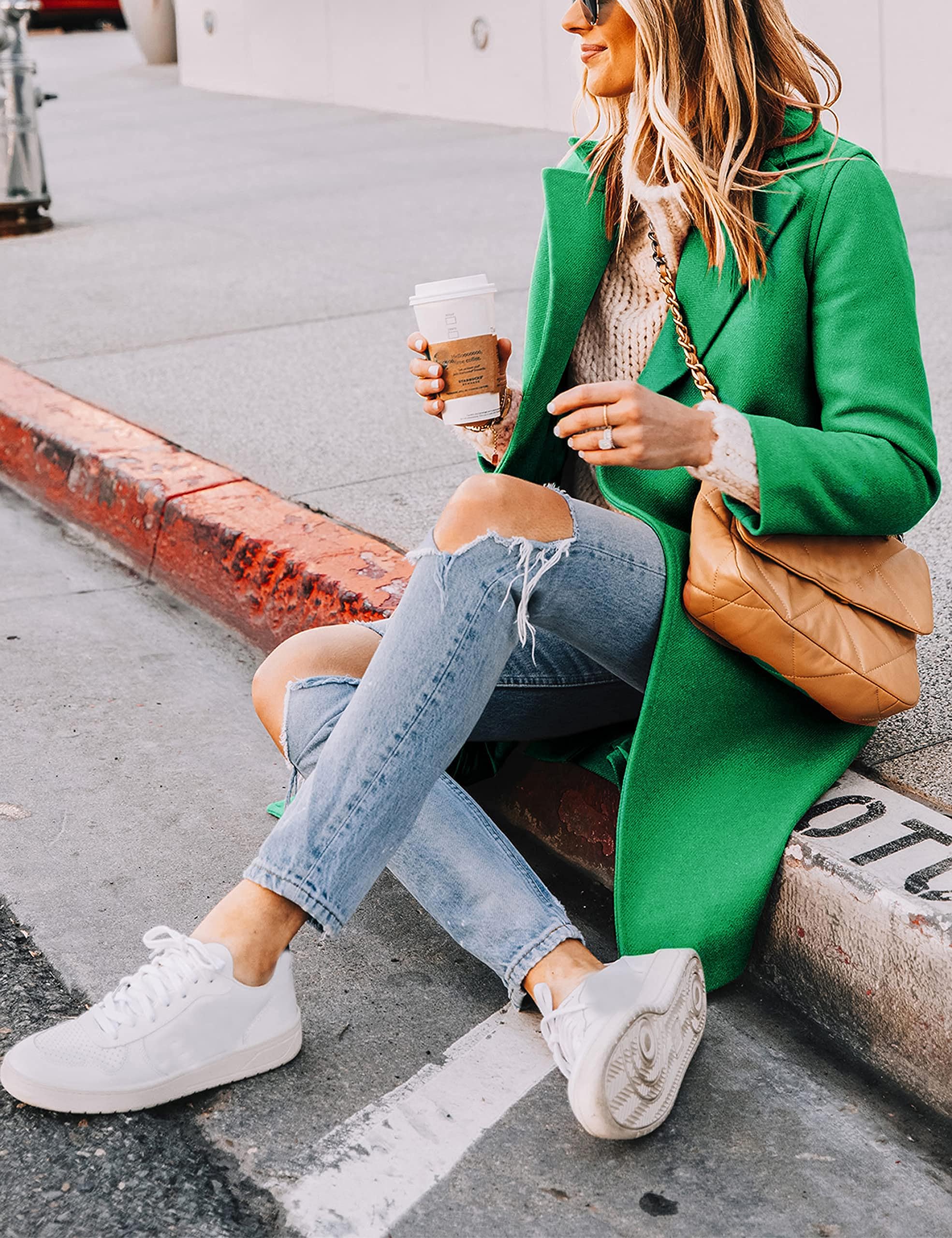 Women's Notch Lapel Double Breasted Wool Blend Mid Long Pea Trench Coat