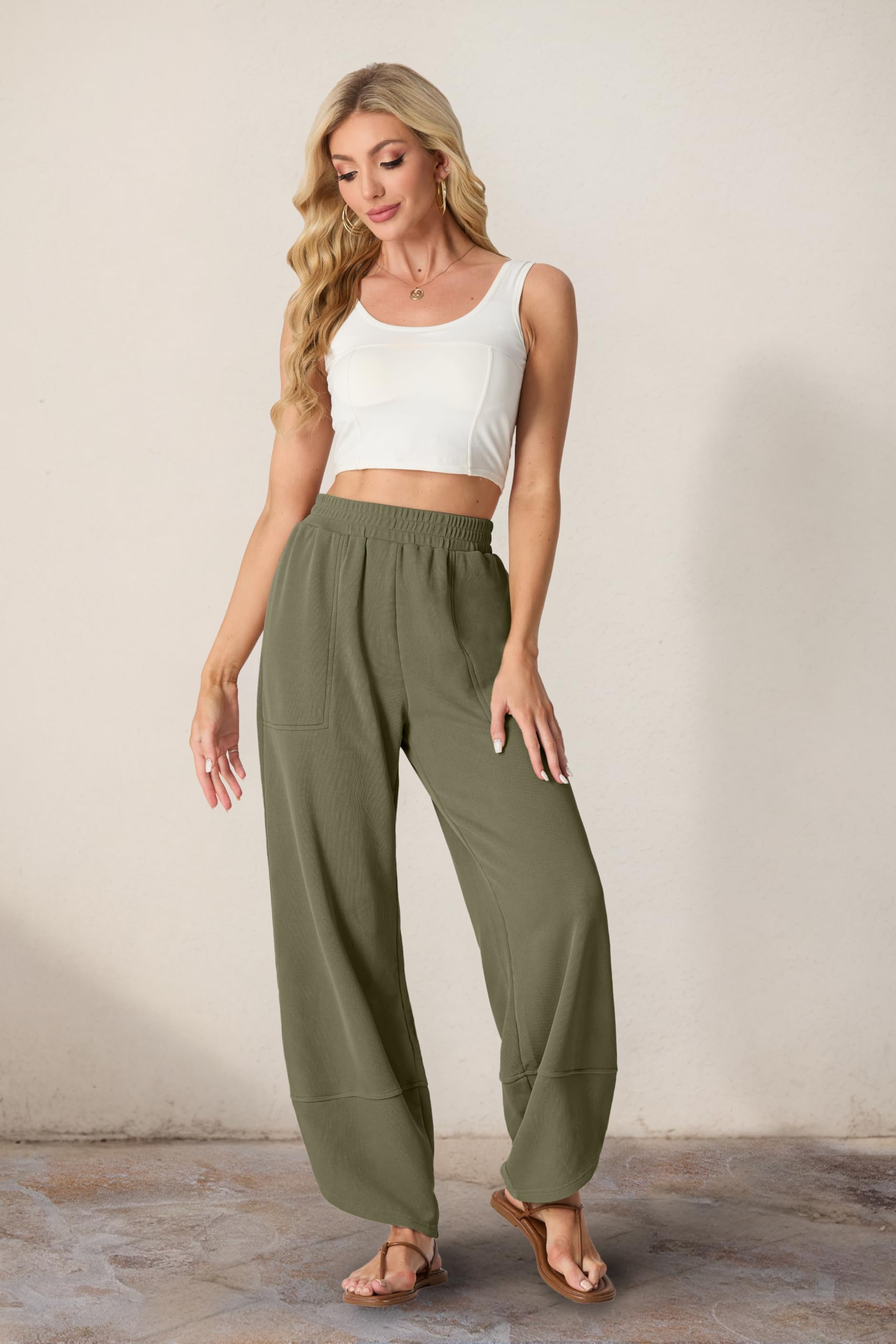Women's Cotton Elastic Waisted Baggy Wide Leg Pants With Pockets