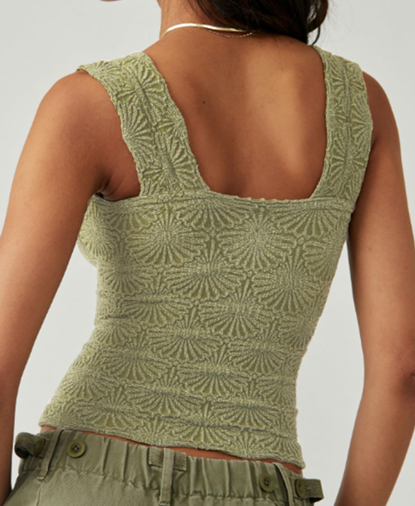 Women's Square Neck Wide Back Tank Top Floral Pattern Out Top