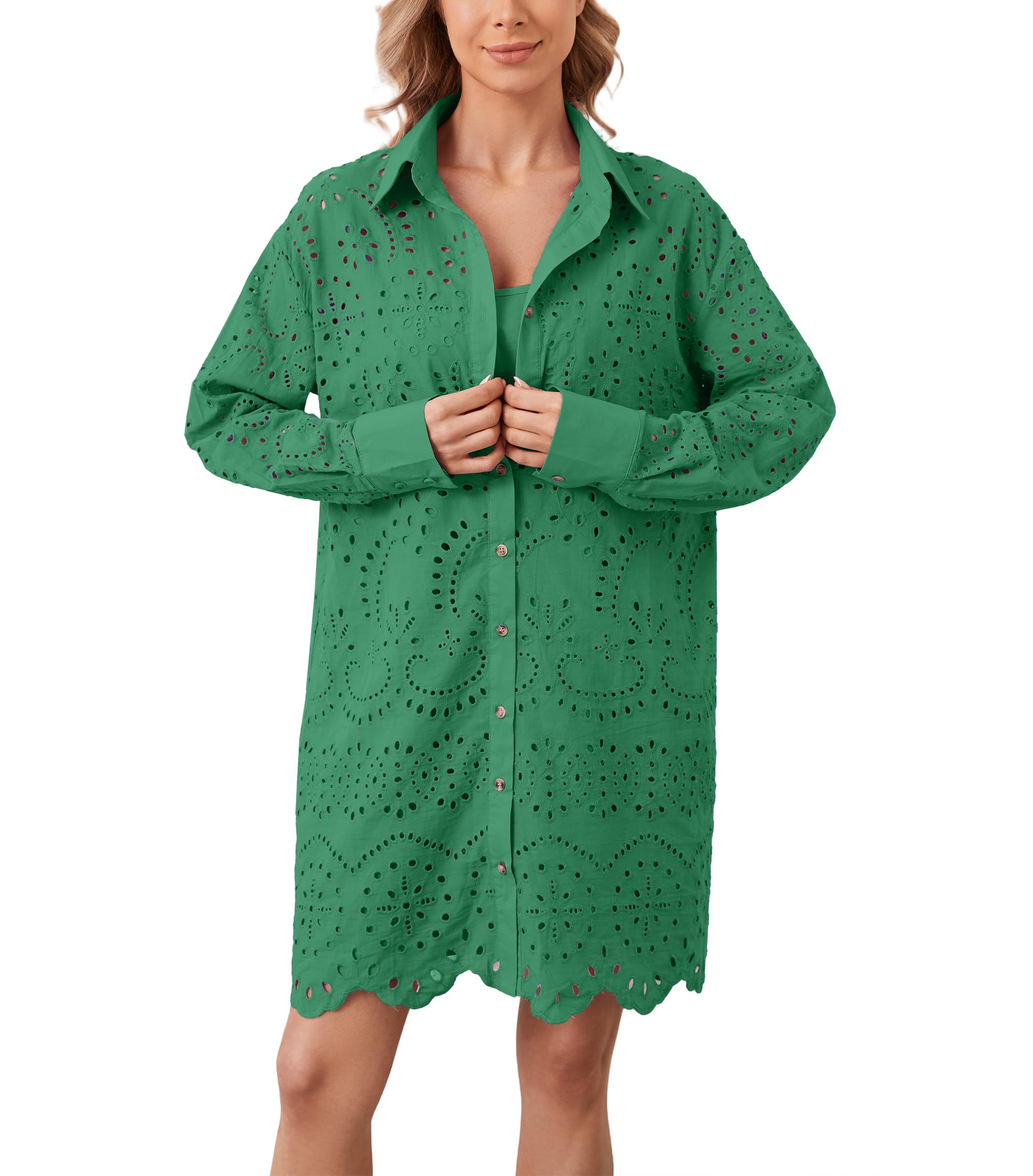 Women's Hollow Out Button Down Lapel Loose Mini Shirt Dress