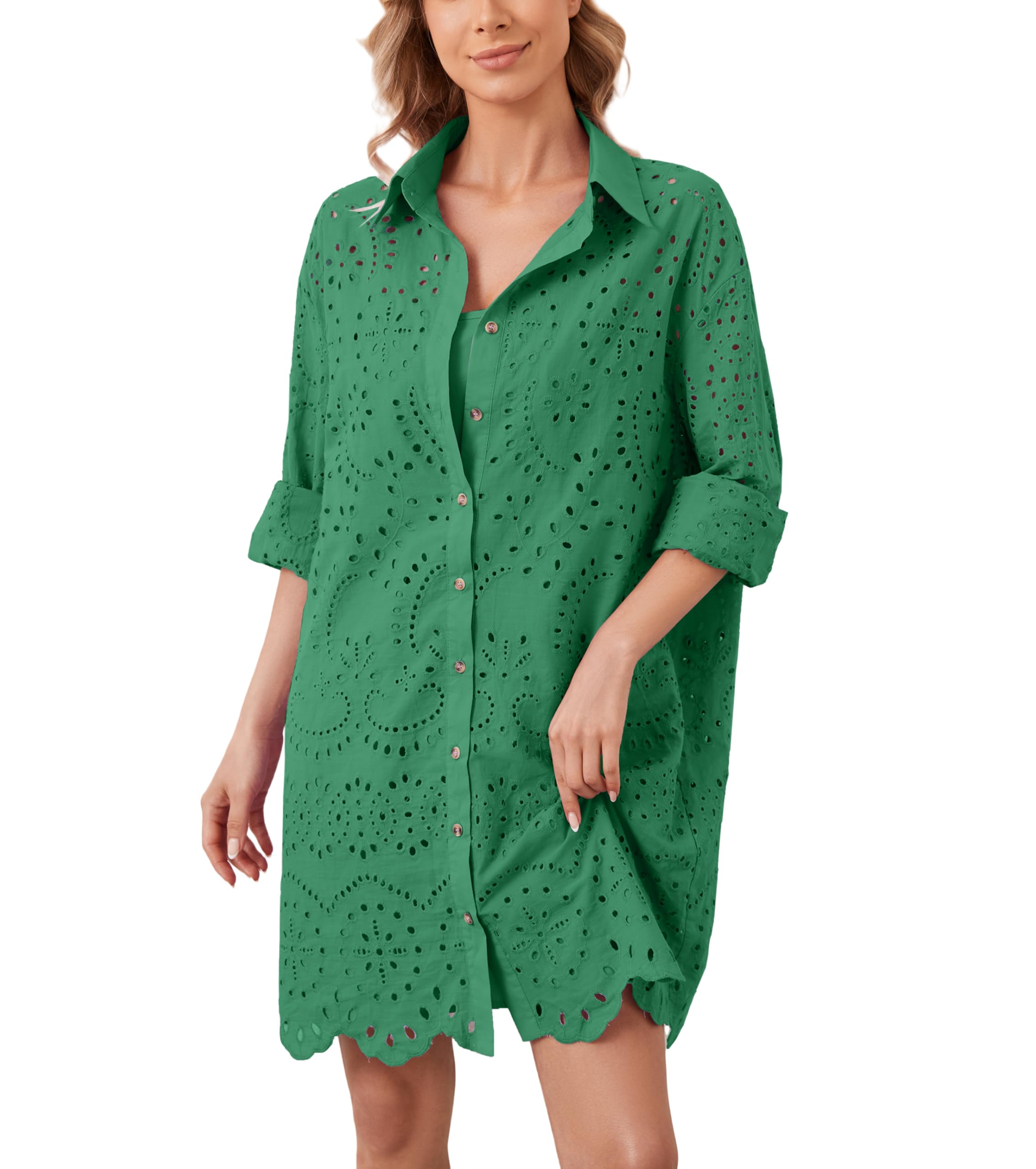 Women's Hollow Out Button Down Lapel Loose Mini Shirt Dress