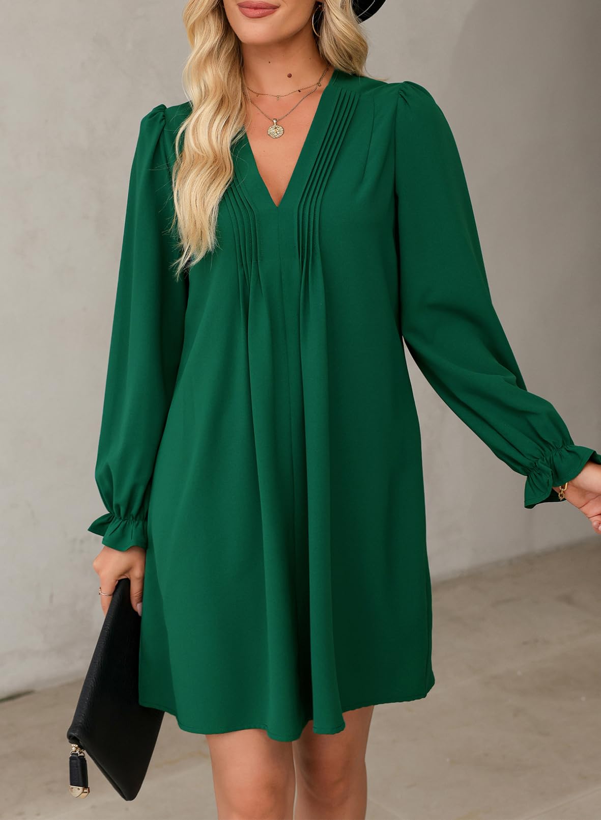 2025 New Womens Casual Ruffle Sleeve V Neck Pleated Flowy Shirt Dresses(BUY 2 FREE SHIPPING)