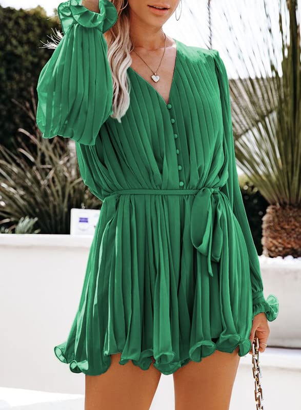 Womens Summer Rompers-Buttons V Neck Tie Waist Flared Pleated Drape Long Sleeve