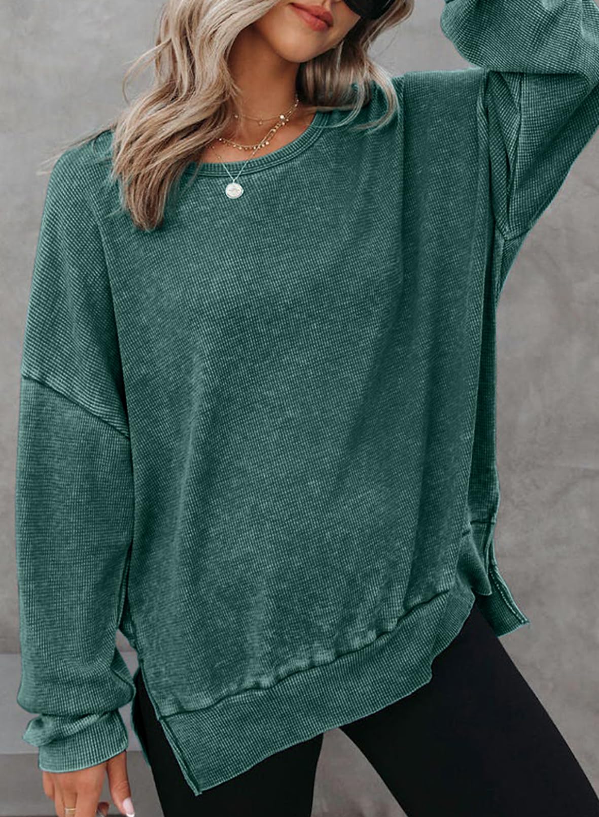 2024 New Women's Washed Waffle Knit Crewneck Sweatshirt(buy 2 10% OFF)