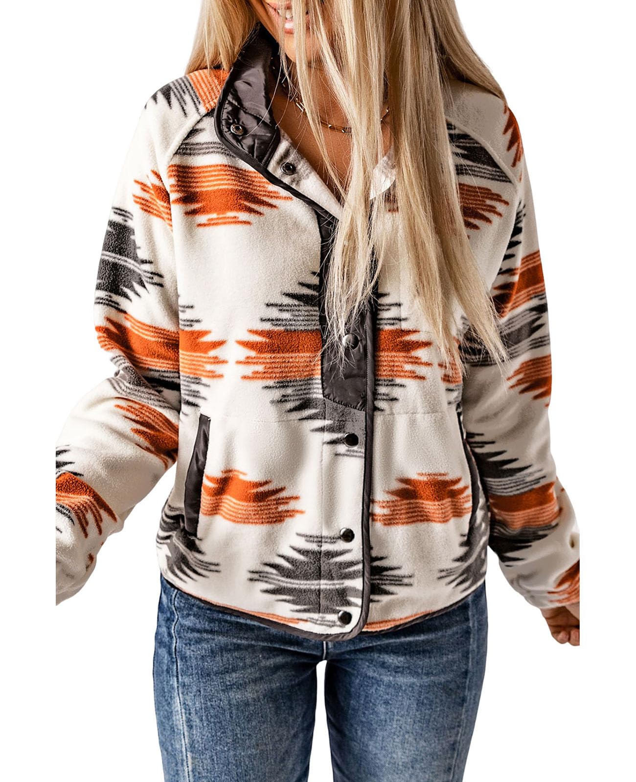 Women's Western Aztec Print Long Sleeve Snap Button Down Fleece Jackets with Pockets
