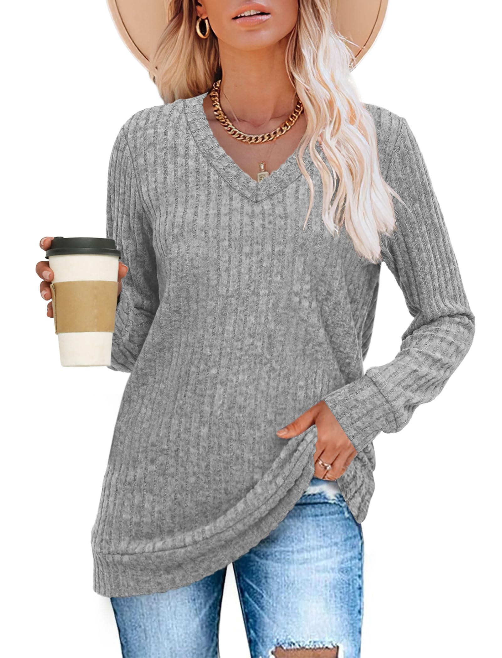 Women's Casual Fall V Neck Lightweight Tunic Sweaters 
