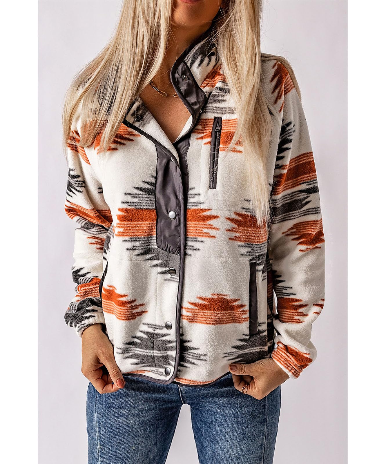 Women's Western Aztec Print Long Sleeve Snap Button Down Fleece Jackets with Pockets