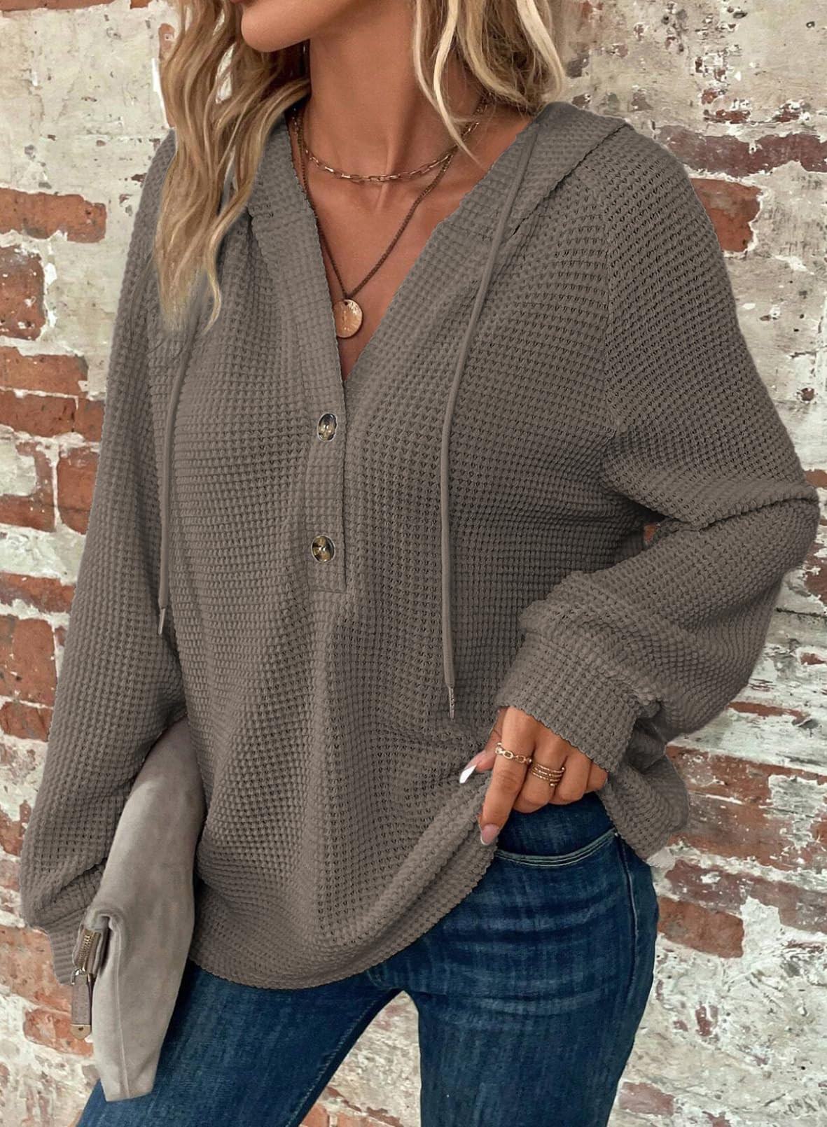 2024 New Women's Waffle Knit Drawstring Button V Neck Hooded Sweatshirt(buy 2 free shipping)