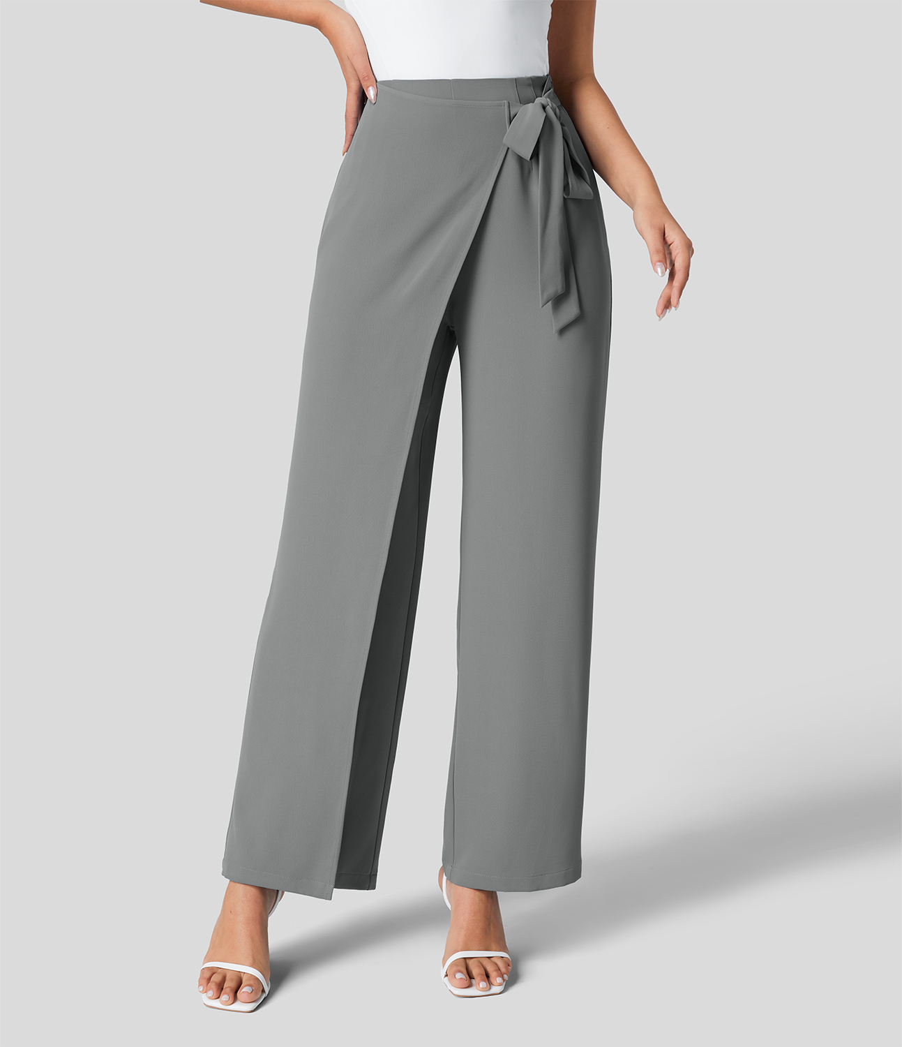 High Waisted Tie Side Invisible Zipper Wide Leg Work Suit Pants