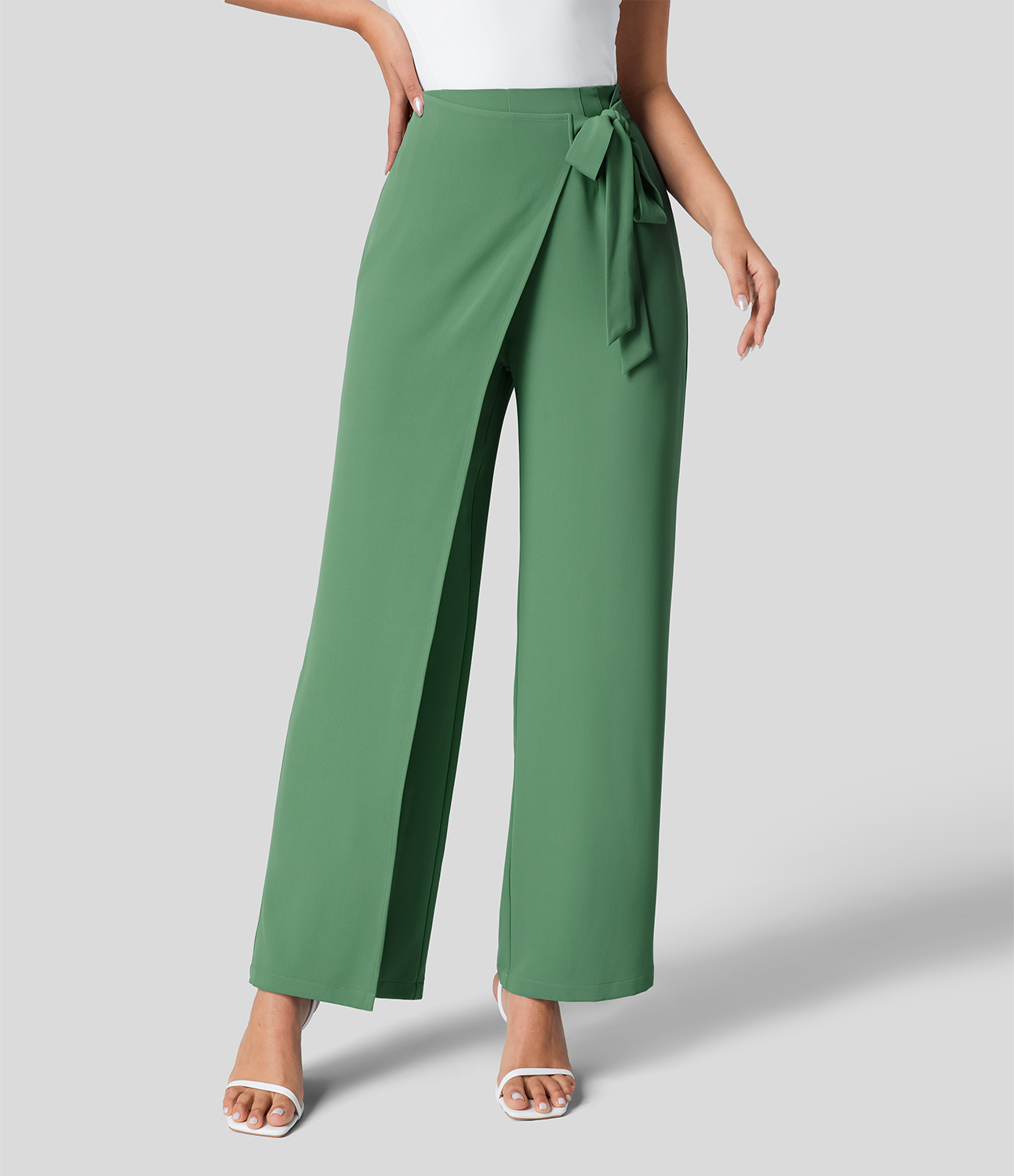 High Waisted Tie Side Invisible Zipper Wide Leg Work Suit Pants