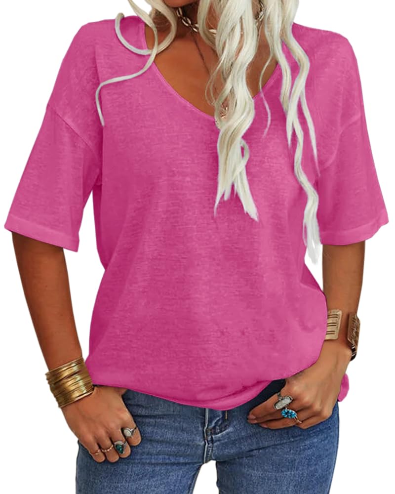 Women's Solid V-Neck Half Sleeves Oversized T Shirt