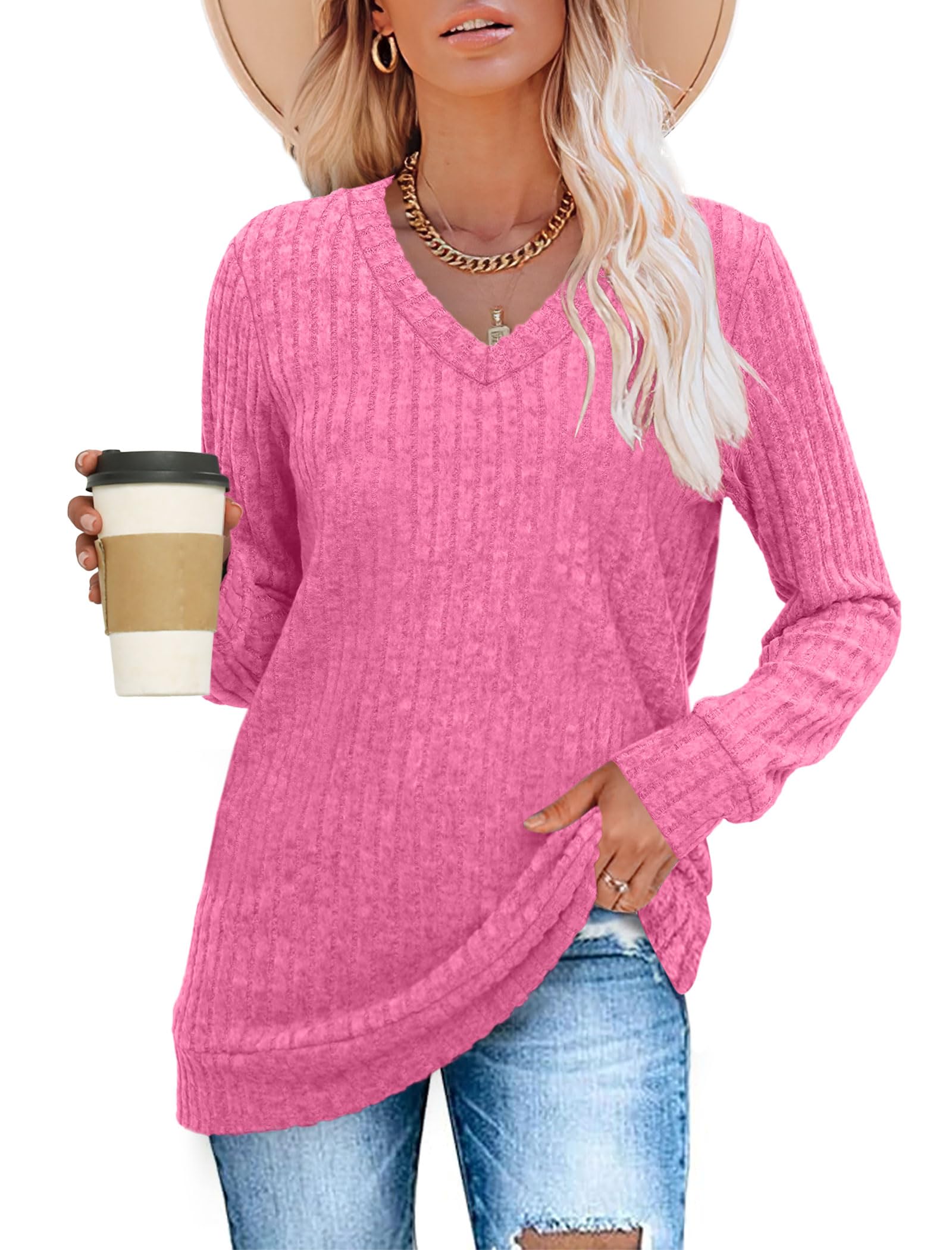 Women's Casual Fall V Neck Lightweight Tunic Sweaters 