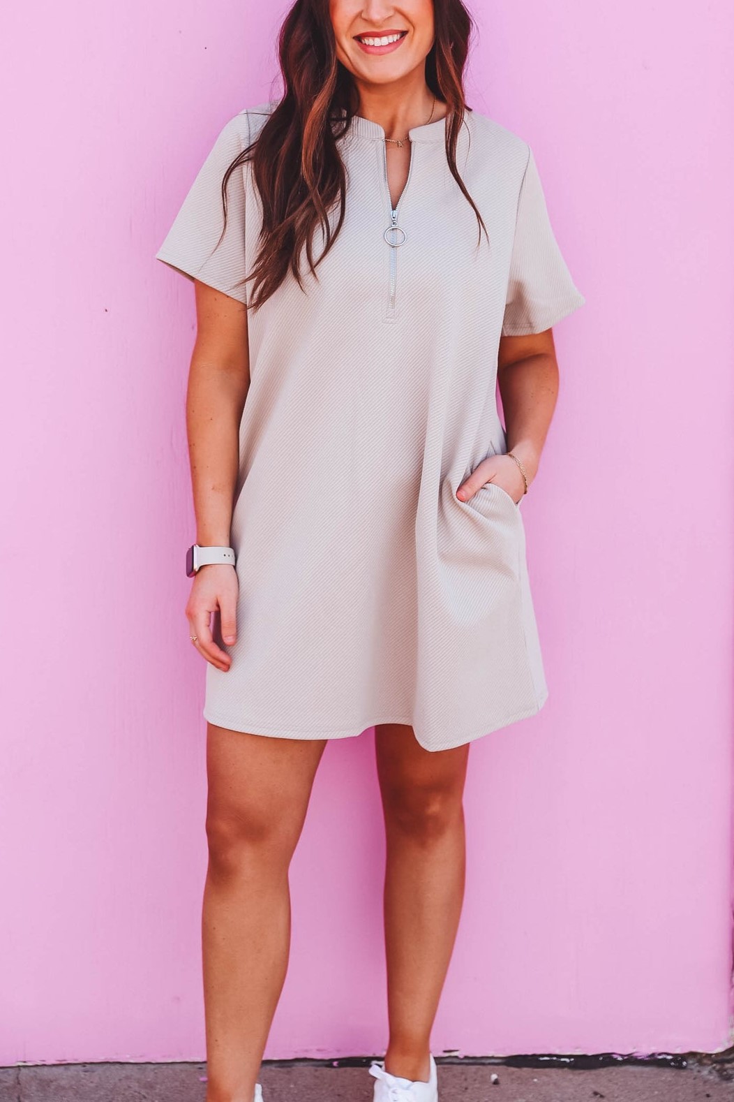 HOT SALE Half Zip Short Sleeve Pocket Mini Dress